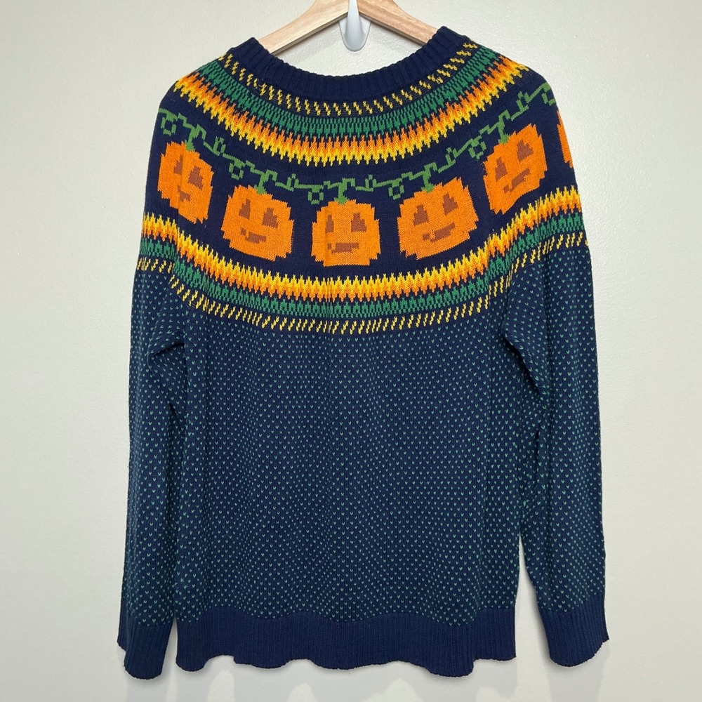 ModCloth Sweater Womens XL Navy Blue Pumpkin Fair Isle Halloween Cotton - Picture 4 of 7